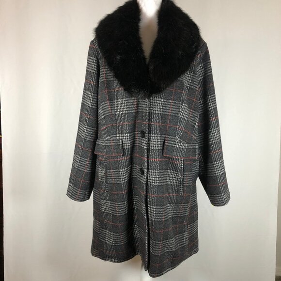 Liz Claiborne Y2K Plaid Coat w/ Removable Real Raccoon Fur Collar — Early 2000s - Picture 4 of 13
